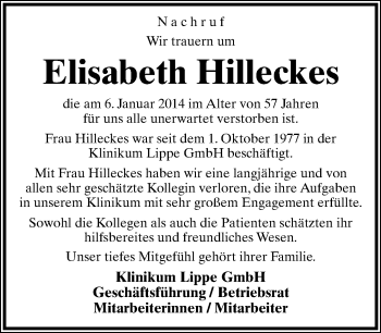 Anzeige  Elisabeth Hilleckes  Lippische Landes-Zeitung