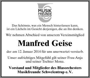 Anzeige  Manfred Geise  Lippische Landes-Zeitung