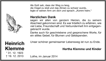 Anzeige  Heinrich Klemme  Lippische Landes-Zeitung