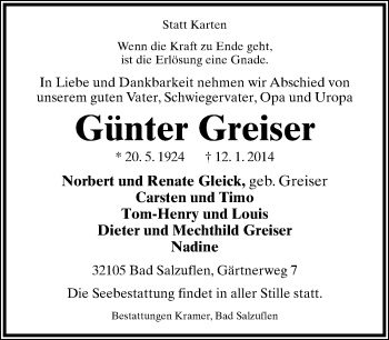 Anzeige  Günter Greiser  Lippische Landes-Zeitung