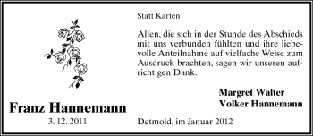 Anzeige  Franz Hannemann  Lippische Landes-Zeitung