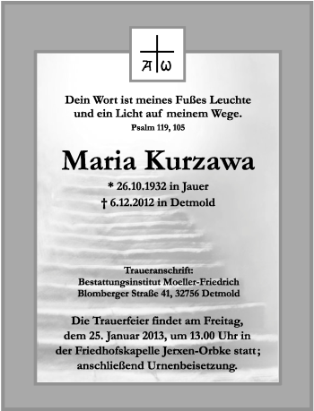 Anzeige  Maria Kurzawa  Lippische Landes-Zeitung