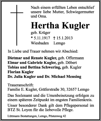 Anzeige  Hertha Kugler  Lippische Landes-Zeitung