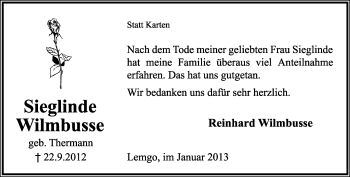 Anzeige  Sieglinde Wilmbusse  Lippische Landes-Zeitung