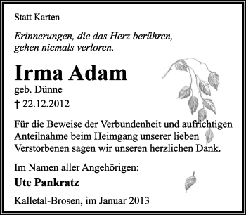 Anzeige  Irma Adam  Lippische Landes-Zeitung
