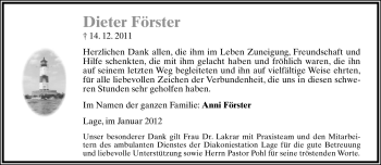Anzeige  Dieter Förster  Lippische Landes-Zeitung