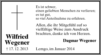 Anzeige  Wilfried Wegener  Lippische Landes-Zeitung