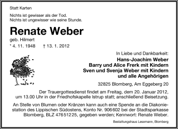 Anzeige  Renate Weber  Lippische Landes-Zeitung