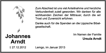 Anzeige  Johannes Arndt  Lippische Landes-Zeitung