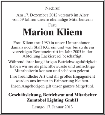 Anzeige  Marion Kliem  Lippische Landes-Zeitung