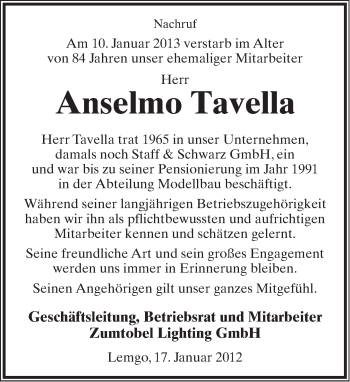 Anzeige  Anselmo Tavella  Lippische Landes-Zeitung
