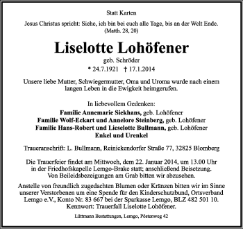 Anzeige  Liselotte Lohöfener  Lippische Landes-Zeitung
