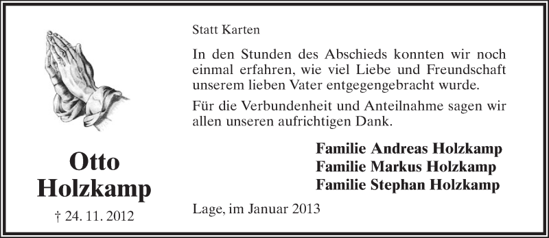  Traueranzeige für Otto Holzkamp vom 19.01.2013 aus Lippische Landes-Zeitung