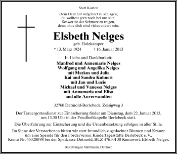 Anzeige  Elsbeth Nelges  Lippische Landes-Zeitung