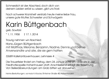 Anzeige  Karin Büttgenbach  Lippische Landes-Zeitung