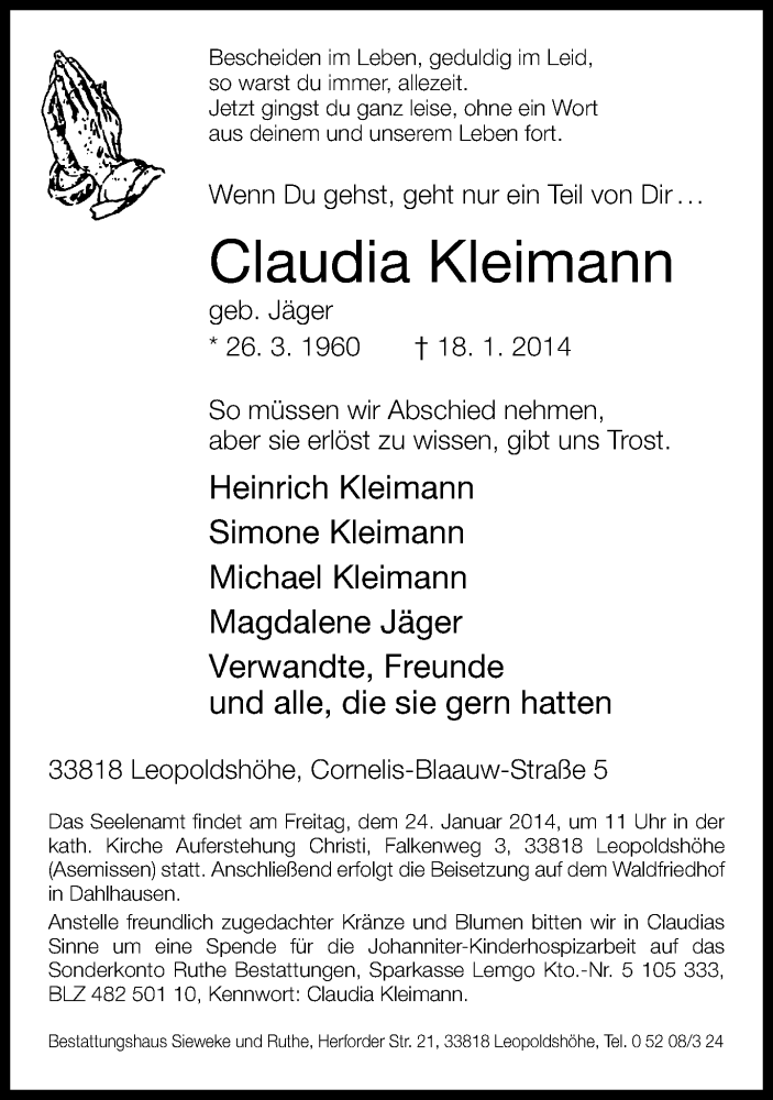  Traueranzeige für Claudia Kleimann vom 21.01.2014 aus Lippische Landes-Zeitung