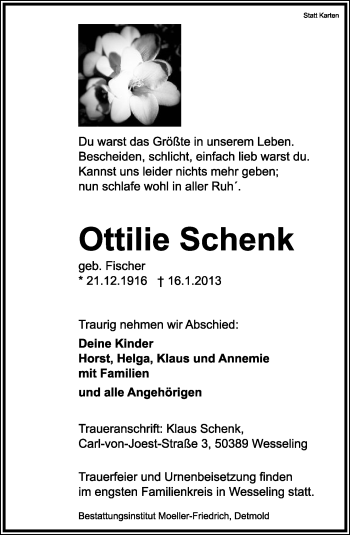 Anzeige  Ottilie Schenk  Lippische Landes-Zeitung