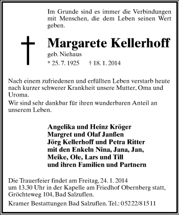 Anzeige  Margarete Kellerhoff  Lippische Landes-Zeitung
