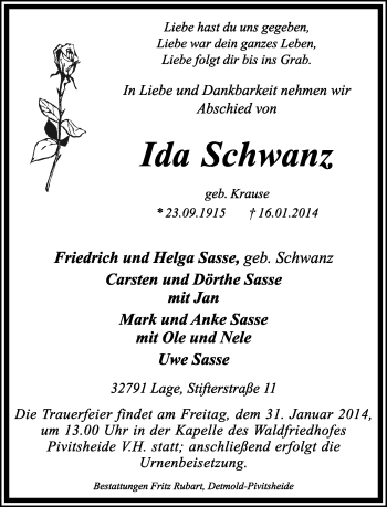 Anzeige  Ida Schwanz  Lippische Landes-Zeitung