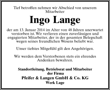 Anzeige  Ingo Lange  Lippische Landes-Zeitung
