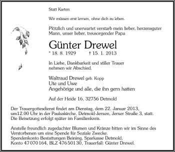 Anzeige  Günter Drewel  Lippische Landes-Zeitung