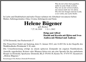 Anzeige  Helene Bügener  Lippische Landes-Zeitung