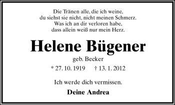 Anzeige  Helene Bügener  Lippische Landes-Zeitung