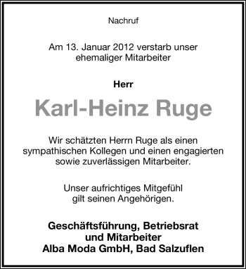 Anzeige  Karl-Heinz Ruge  Lippische Landes-Zeitung