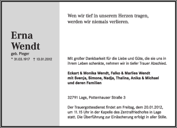 Anzeige  Erna Wendt  Lippische Landes-Zeitung