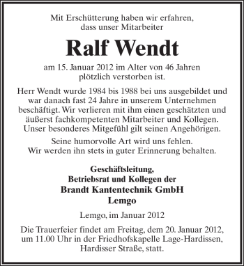 Anzeige  Ralf Wendt  Lippische Landes-Zeitung