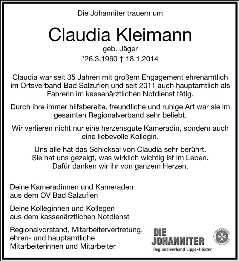  Traueranzeige für Claudia Kleimann vom 22.01.2014 aus Lippische Landes-Zeitung