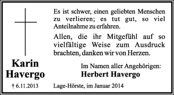 Anzeige  Karin Havergo  Lippische Landes-Zeitung