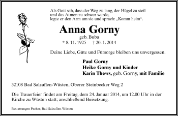 Anzeige  Anna Gorny  Lippische Landes-Zeitung