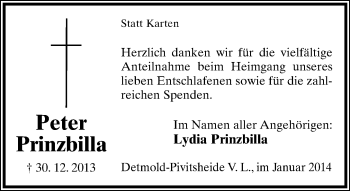 Anzeige  Peter Prinzbilla  Lippische Landes-Zeitung