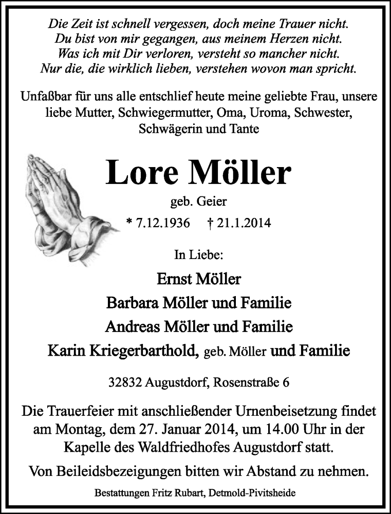  Traueranzeige für Lore Möller vom 22.01.2014 aus Lippische Landes-Zeitung