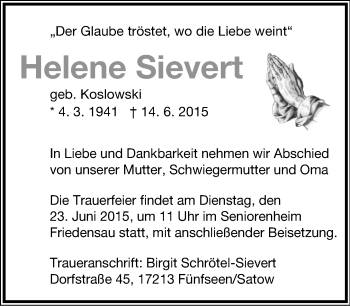 Anzeige  Helene Sievert  Lippische Landes-Zeitung