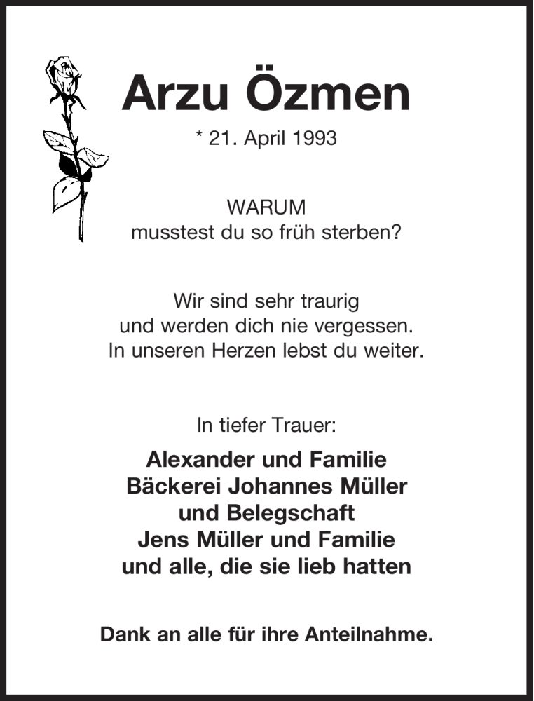  Traueranzeige für Arzu Özmen vom 21.01.2012 aus Lippische Landes-Zeitung