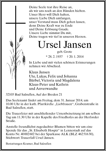 Anzeige  Ursel Jansen  Lippische Landes-Zeitung