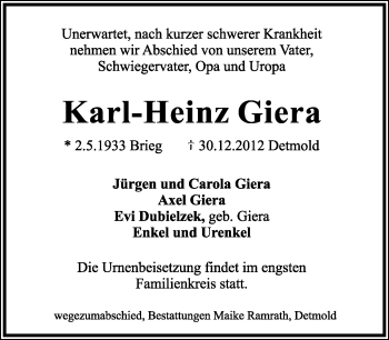 Anzeige  Karl-Heinz Giera  Lippische Landes-Zeitung