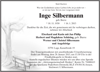 Anzeige  Inge Silbermann  Lippische Landes-Zeitung