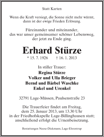 Anzeige  Erhard Stürze  Lippische Landes-Zeitung