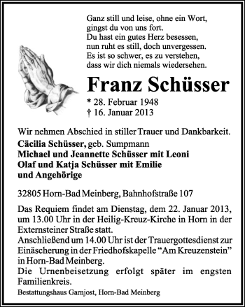 Anzeige  Franz Schüsser  Lippische Landes-Zeitung