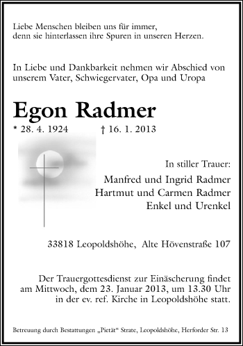Anzeige  Egon Radmer  Lippische Landes-Zeitung
