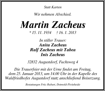 Anzeige  Martin Zacheus  Lippische Landes-Zeitung