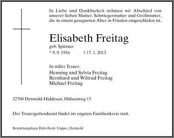Anzeige  Elisabeth Freitag  Lippische Landes-Zeitung