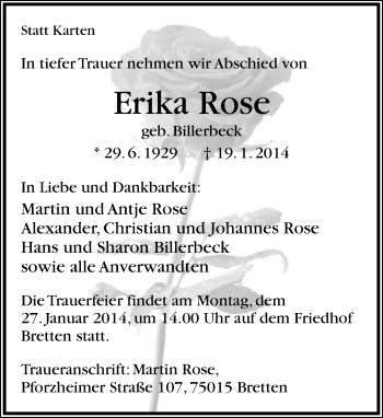 Anzeige  Erika Rose  Lippische Landes-Zeitung