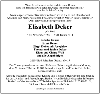 Anzeige  Elisabeth Deker  Lippische Landes-Zeitung