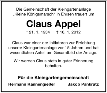Anzeige  Claus Appel  Lippische Landes-Zeitung