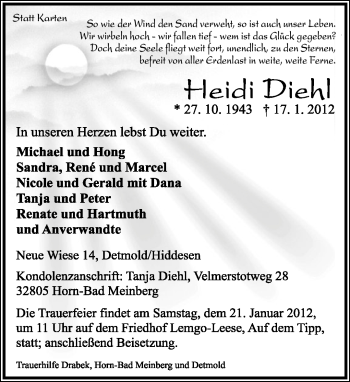 Anzeige  Heidi Diehl  Lippische Landes-Zeitung