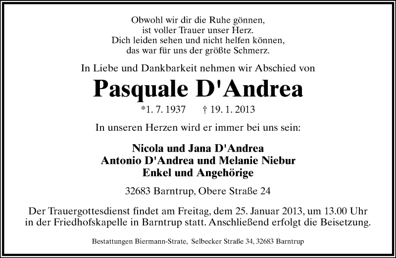  Traueranzeige für Pasquale D'Andrea vom 22.01.2013 aus Lippische Landes-Zeitung